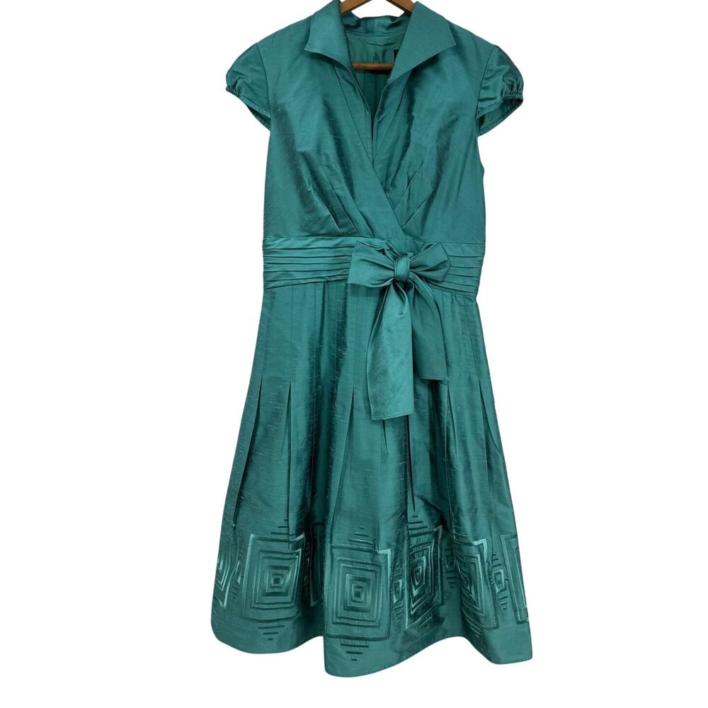 Adrianna Papell Silk Blend Midi Dress 6 Green Fit Flare Wedding MOB Party Event